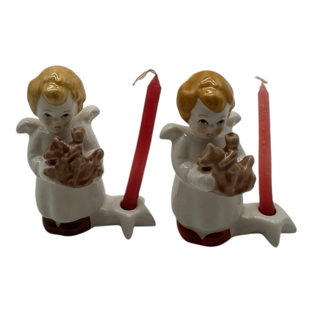 2 Vintage Goebel Christmas Candle Holders Angel w/ Toy Horse‎ 2.5